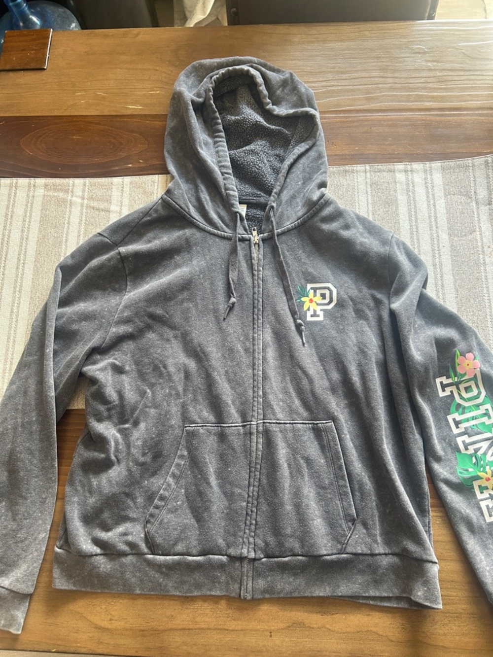 PINK Victoria's Secret Gray Full-Zip Hooded Sweatshirt with Floral Accents